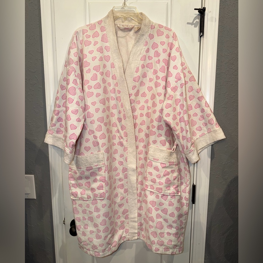 Victoria's Secret Cream and Pink Heart Vintage Gold Label Terry Robe
